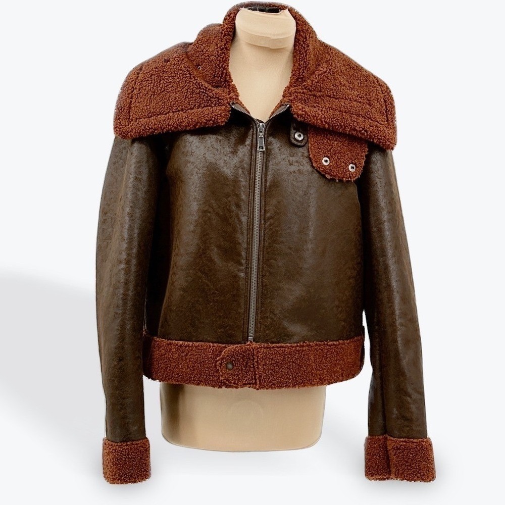 Forever 21 Women's L Brown Faux Leather Sherpa Lined Aviator Jacket